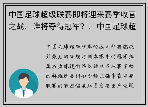 中国足球超级联赛即将迎来赛季收官之战，谁将夺得冠军？，中国足球超级联赛最新排名