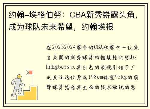 约翰-埃格伯努：CBA新秀崭露头角，成为球队未来希望，约翰埃根