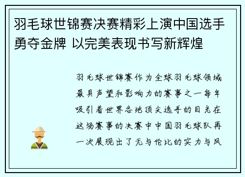 羽毛球世锦赛决赛精彩上演中国选手勇夺金牌 以完美表现书写新辉煌