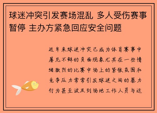 球迷冲突引发赛场混乱 多人受伤赛事暂停 主办方紧急回应安全问题