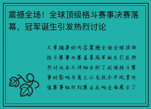 震撼全场！全球顶级格斗赛事决赛落幕，冠军诞生引发热烈讨论